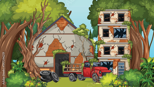 Abandoned Buildings and Rusty Truck in Overgrown Forest