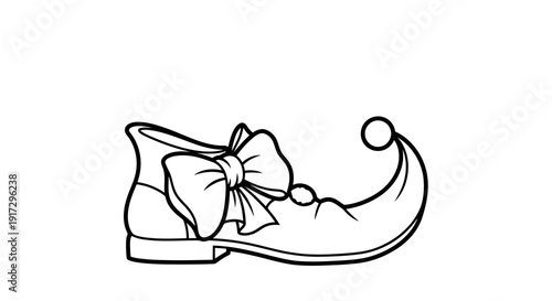 A simple black and white line drawing of a single cinderella slipper with a bow on it.