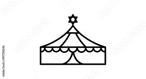 A simple black and white illustration of a circus tent with a star on top.