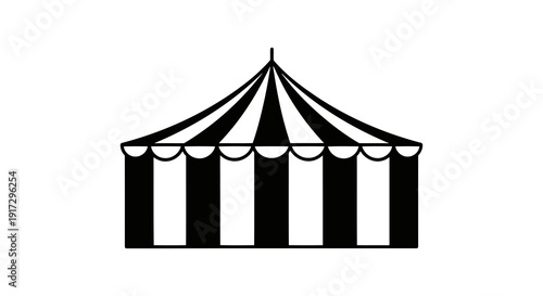 A simple black and white illustration of a striped circus tent.