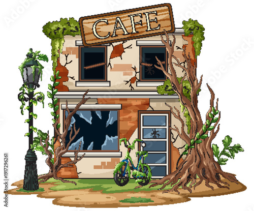 Abandoned Overgrown Cafe with Broken Windows and Bicycle