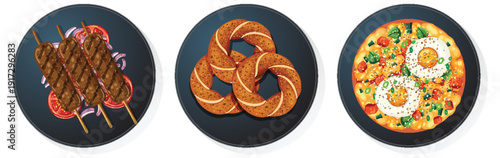 Traditional Middle Eastern Foods on Black Plates Vector Set