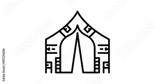 Simple black and white illustration of a decorative archway or gateway with geometric patterns.
