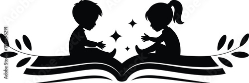 Two Children Silhouettes Reading an Open Book with Stars and Decorative