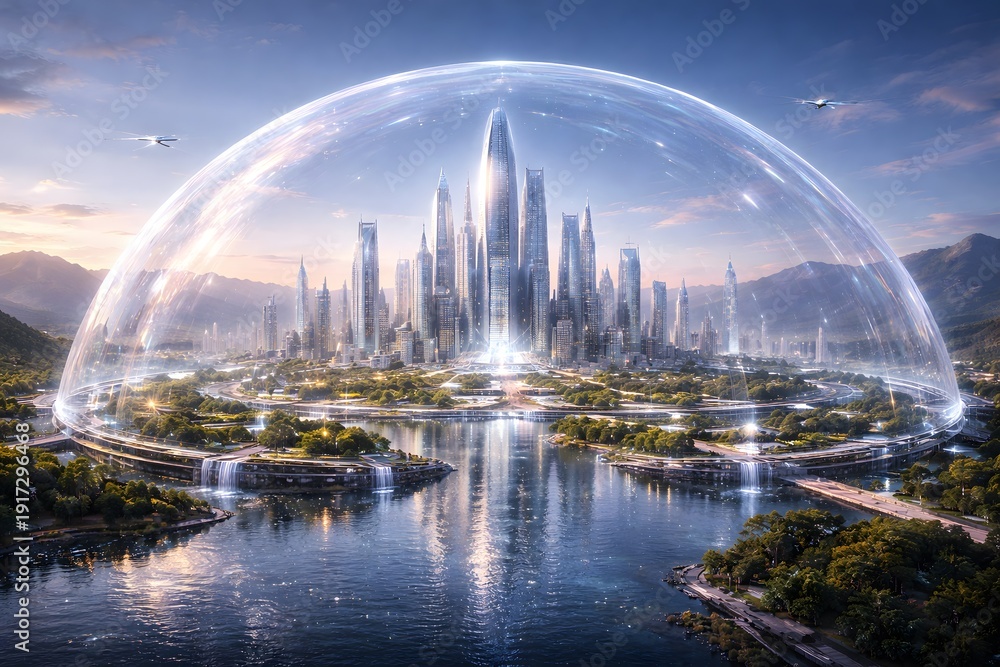Fototapeta premium Futuristic City Under a Protective Energy Dome, Surrounded by Water and Lush Greenery, with Advanced Aircraft Flying