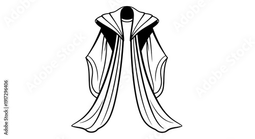 A simple black and white illustration of a cape with a dramatic fold.