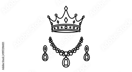 A simple black and white illustration of a crown and necklace on a white background.