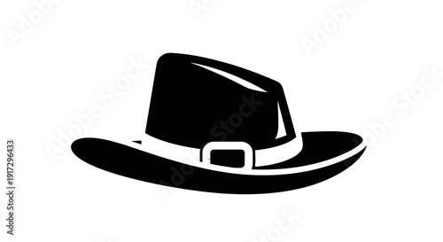 A black fedora hat with a white band on a white background.