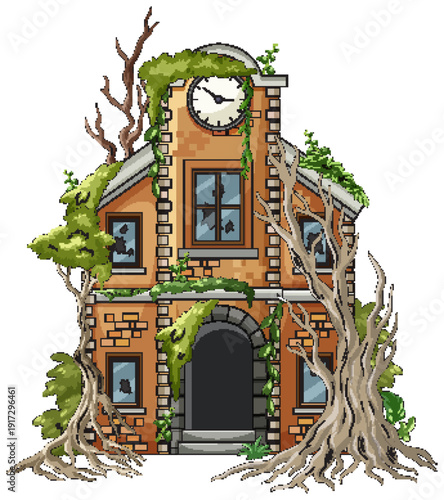 Overgrown Abandoned Brick House with Creeping Tree Roots