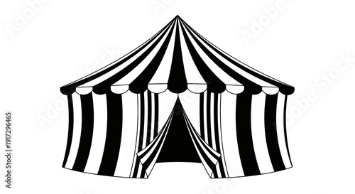 A black and white striped circus tent with open entrance flap.