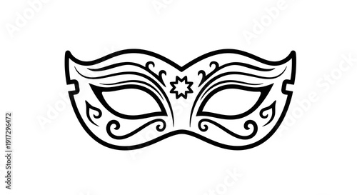A simple black and white illustration of a decorative masquerade mask with floral patterns.
