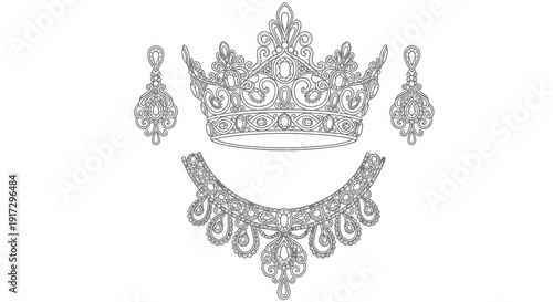 An ornate crown and jewelry set on a white background.