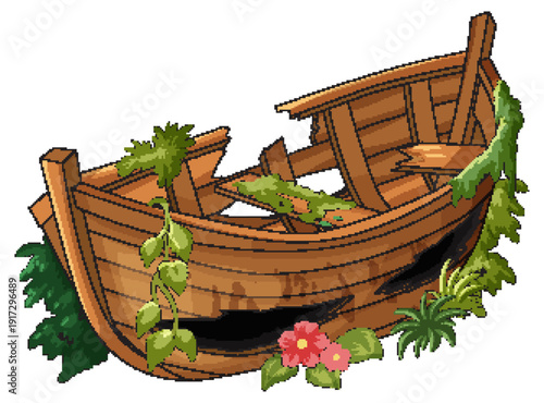 Abandoned Wooden Boat Overgrown With Plants and Moss