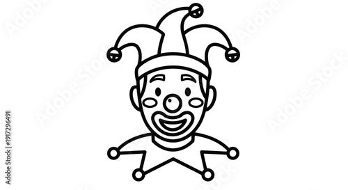 A simple line drawing of a jester's face with a hat and outstretched arms.