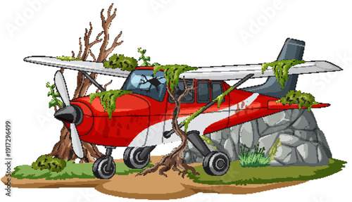 Abandoned Red Airplane Overgrown with Moss and Vines