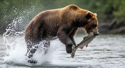 A brown bear jumping out of the water with a fish in its mouth