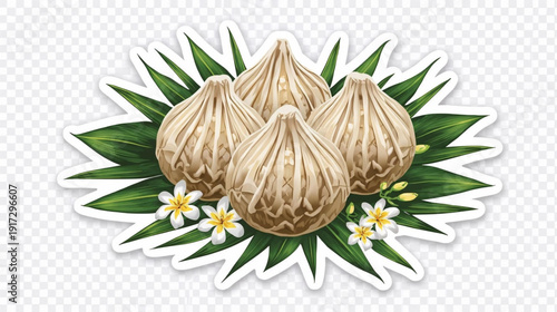 Three ketupat garlic bulbs with leaves and flowers