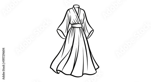 A simple line drawing of a traditional kimono with a sash around the waist.