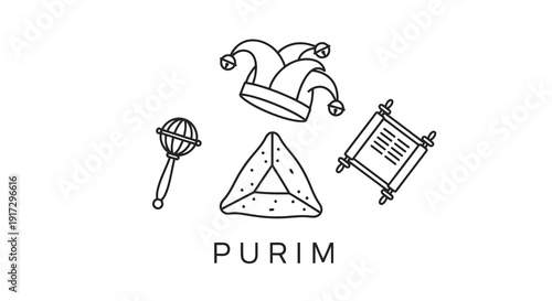 Purim celebration elements including hat, gragger, hamantaschen, and megillah scroll.