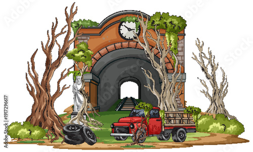 Abandoned Train Tunnel With Old Red Pickup Truck