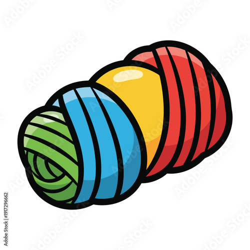 Colorful illustration of wrapped yarn balls in a row, showcasing vibrant colors and textures, viewed from a slightly angled perspective.