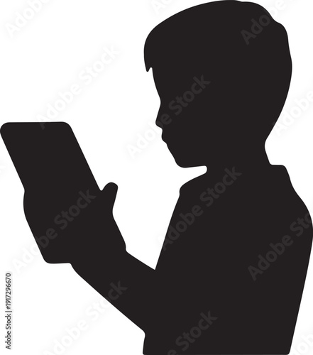 Boy profile silhouette holding digital tablet device for education or entertainment activities