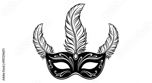 A black and white illustration of a masquerade mask with feathered decorations.