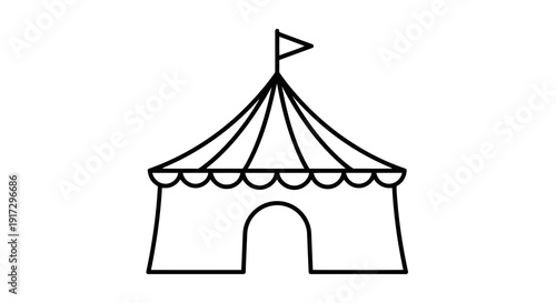 A simple line drawing of a classic circus tent with a flag on top.