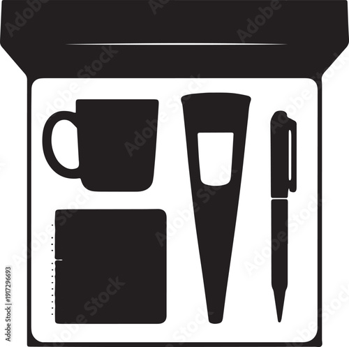 Business promotional gift box set containing mug thermos notebook and pen simple flat black icon vector