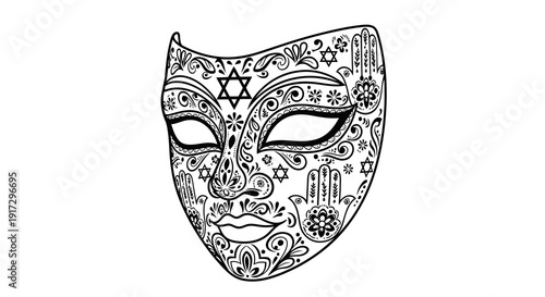 A decorative mask adorned with jewish and mystical symbols in black and white.