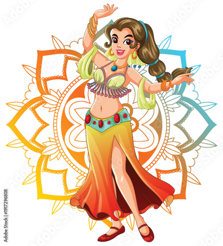 Smiling Belly Dancer Performing in Front of Mandala Pattern