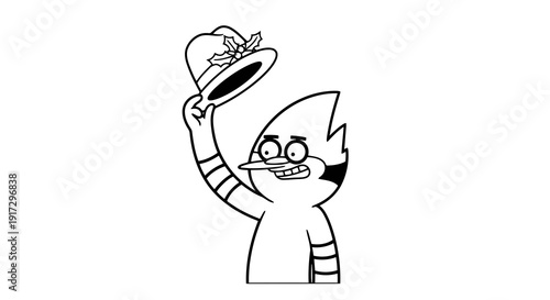 Cartoon character holding a hat in a cheerful gesture with a simple design.