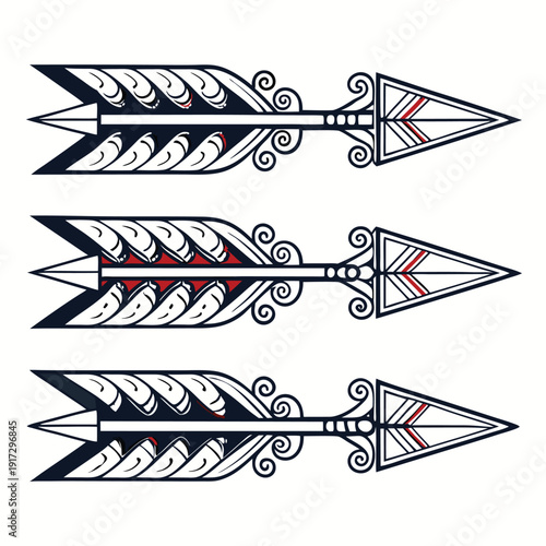 Set of tribal arrows with ornate designs and red accents