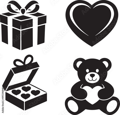 Collection of romantic celebration icons including gift box heart chocolate teddy bear silhouette set vector