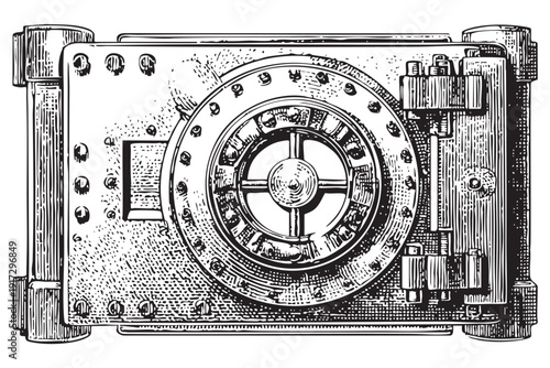 Safe lock vector illustration on transparent background, bank vault mechanism sketch