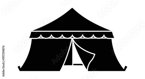 A simple black silhouette of a large tent with an open flap against a white background.