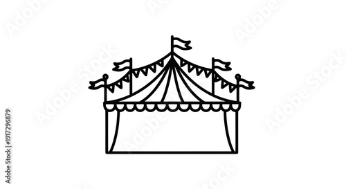 A simple line drawing of a tent with flags and bunting on a white background.