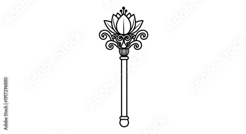 An ornate black and white illustration of a decorative object with floral motifs.
