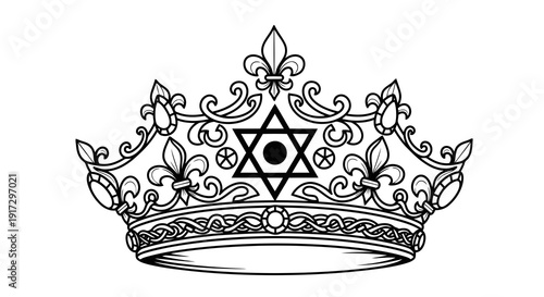 An ornate black and white crown with a star of david in the center.