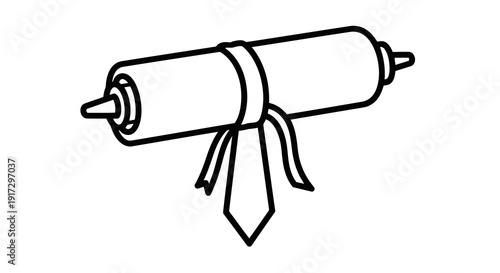 A simple black and white drawing of a rolled up document tied with a ribbon.