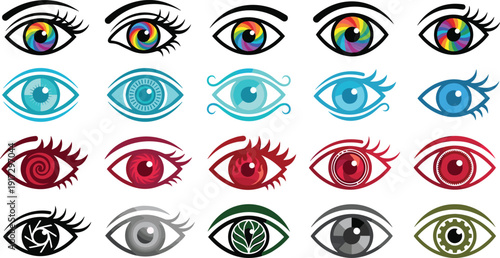 Large Collection of Stylized Eye Icons Featuring Rainbow Iris Designs Blue Cybernetic Patterns Red Fire Symbols and Abstract Minimalist Vision Graphics for Creative Design Projects