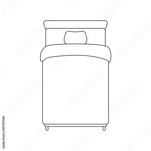 フラットな線画イラスト | 枕と掛け布団がセットされたシングルベッドの俯瞰図 | 寝室インテリアのベクター素材
