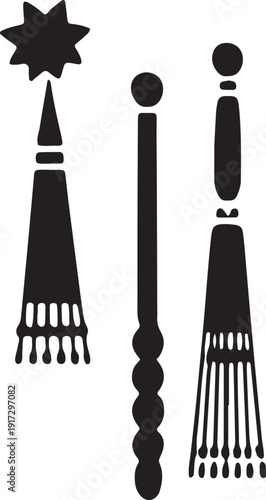Decorative black silhouettes of traditional symbolic objects like tassels and stylized brooms vector graphic