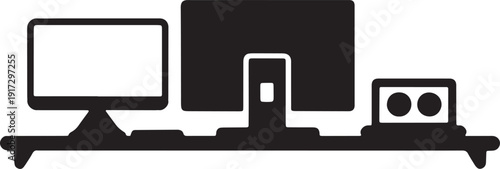 Desk with computer monitors keyboard and laptop computer black silhouette vector