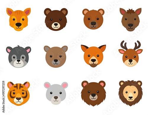 Wallpaper Mural Assortment of cartoon animal faces, depicting various woodland and jungle creatures in a flat, illustrative style Torontodigital.ca