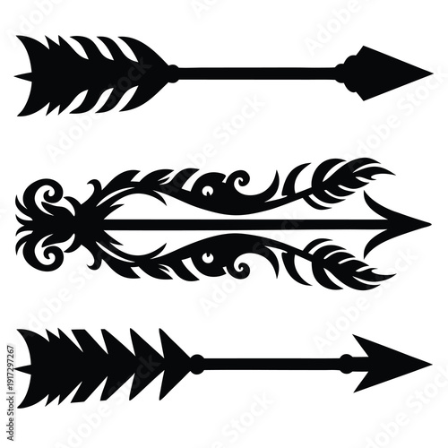 Set of three black arrow silhouettes with decorative elements