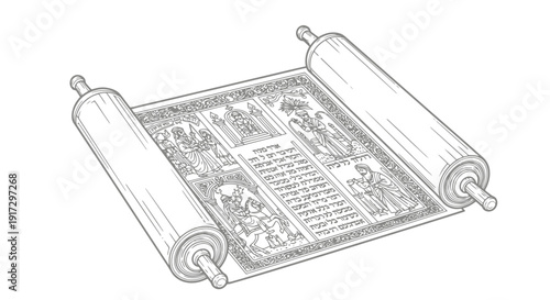 Ancient scroll with intricate writing and ornate handles depicted in a simple line drawing.