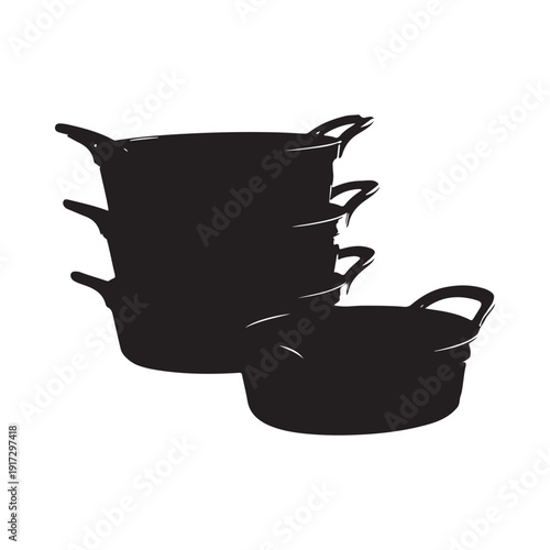 A stack of black cookware includes pots pans and a covered casserole dish