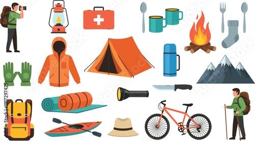 Outdoor camping and adventure vector set with tent campfire mountain bike and hiking gear for travel branding and park guides