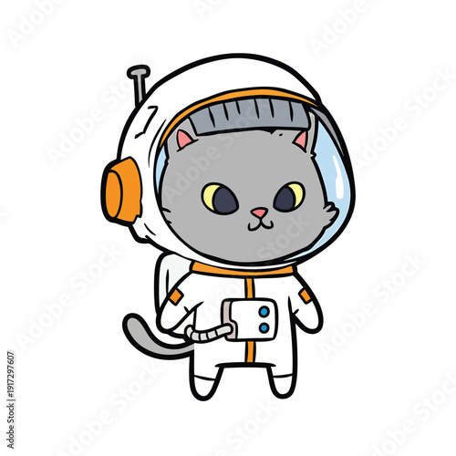 Astronaut cat in space suit standing in zero gravity environment viewed from front